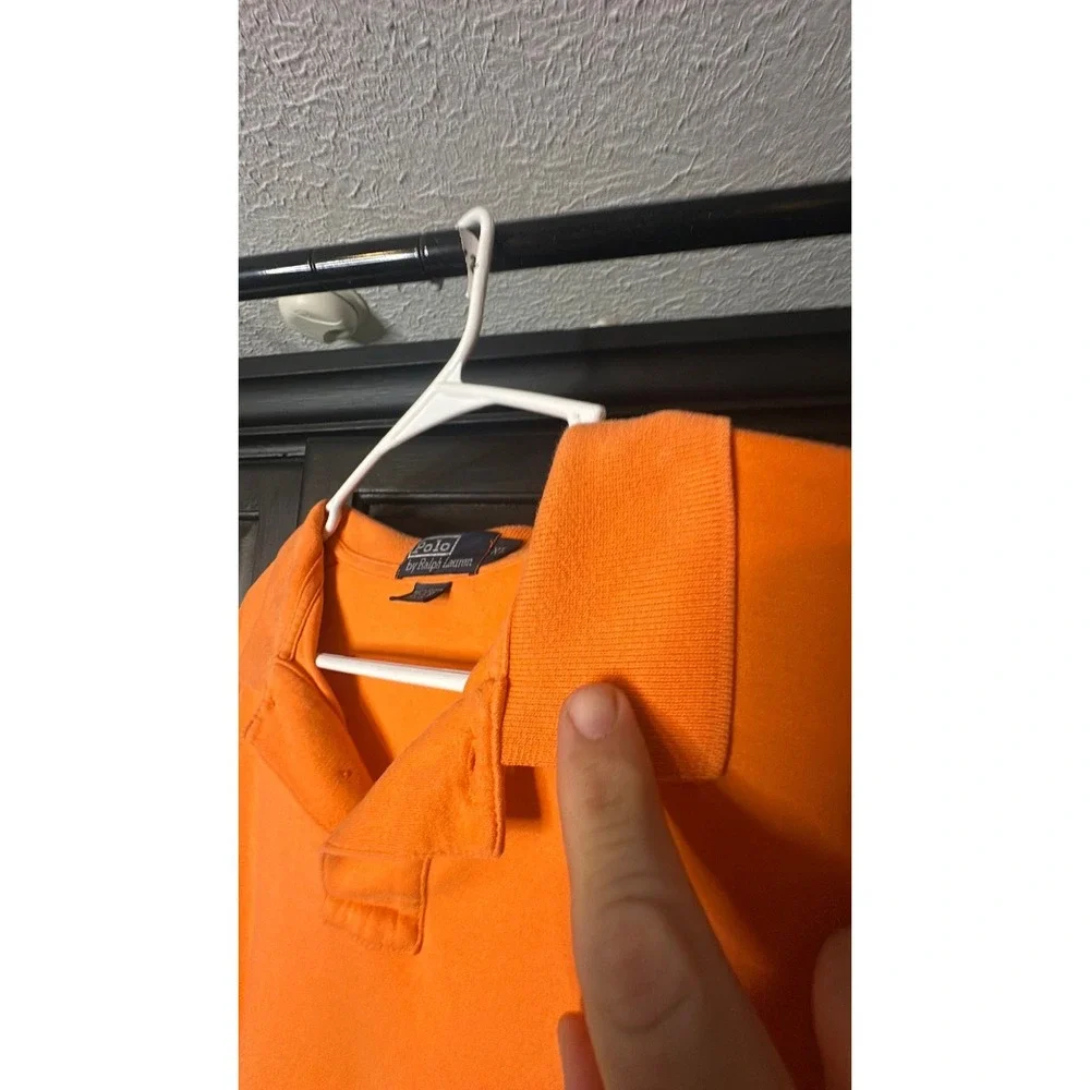 Polo Ralph Lauren short sleeve orange with aqua blue pony collar wear side torn